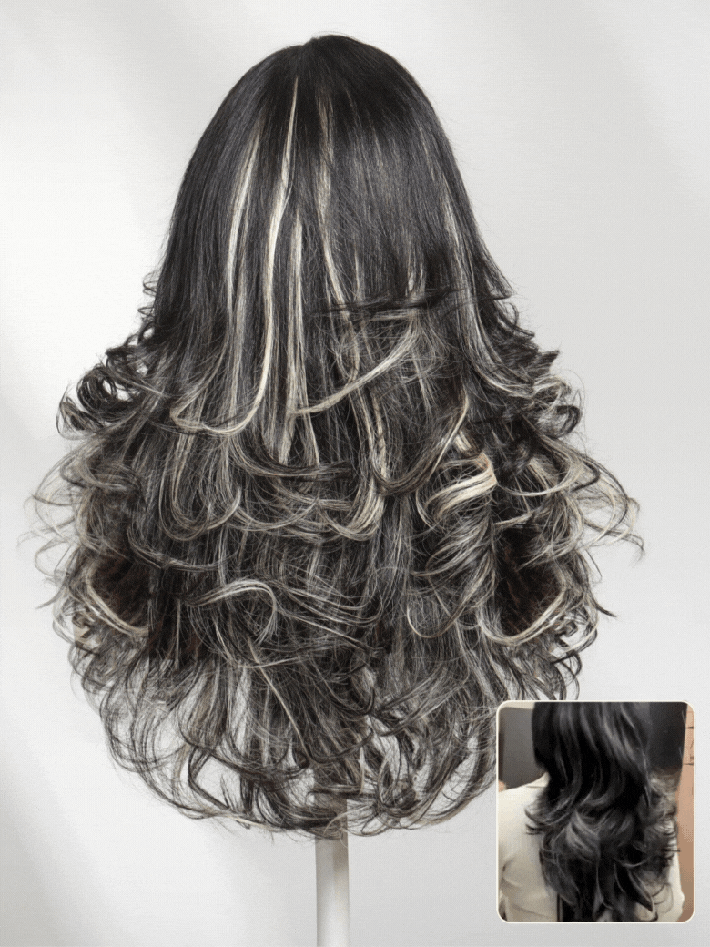 200% Density Effortlessly Feathered Hairstyles Nature Black With 613# blonde highlights 7x5 Pre Cut Lace Wig With Layered Haircuts