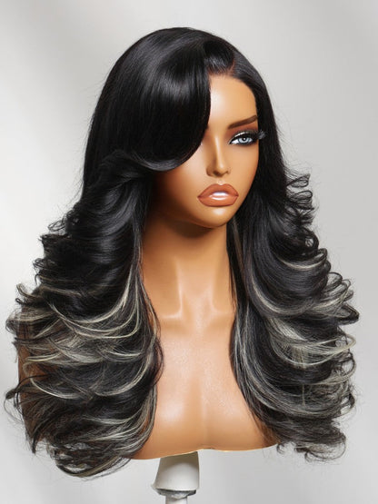 200% Density Effortlessly Feathered Hairstyles Nature Black With 613# blonde highlights 7x5 Pre Cut Lace Wig With Layered Haircuts