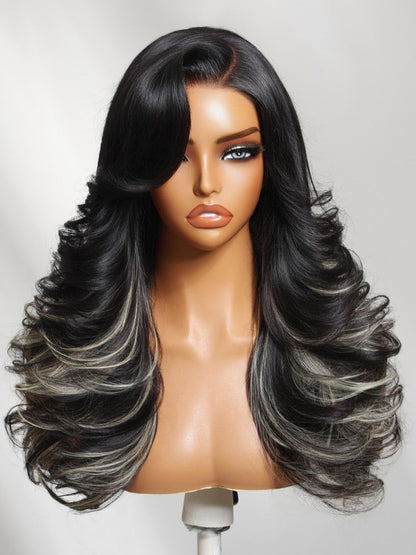 200% Density Effortlessly Feathered Hairstyles Nature Black With 613# blonde highlights 7x5 Pre Cut Lace Wig With Layered Haircuts