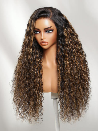 7x5 Pre Cut Water Wave Balayage Highlight Dark Roots Side Part Lace Wig With Invisi Drawstring