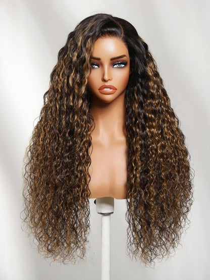 7x5 Pre Cut Water Wave Balayage Highlight Dark Roots Side Part Lace Wig With Invisi Drawstring