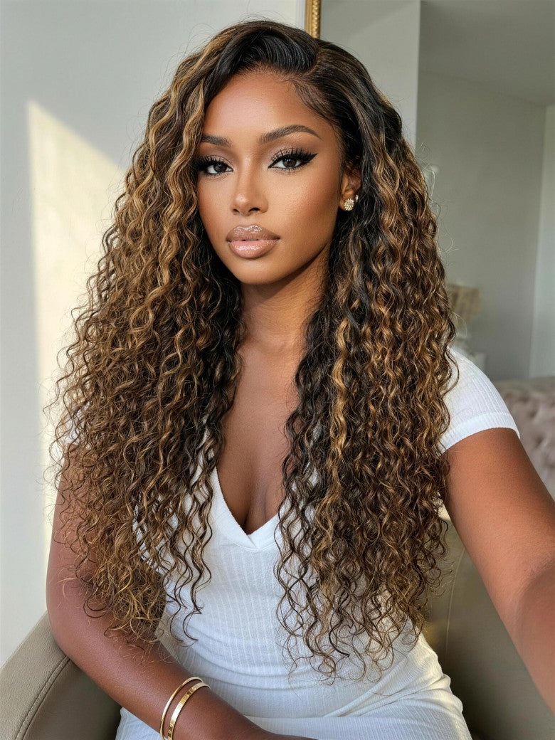 7x5 Pre Cut Water Wave Balayage Highlight Dark Roots Side Part Lace Wig With Invisi Drawstring